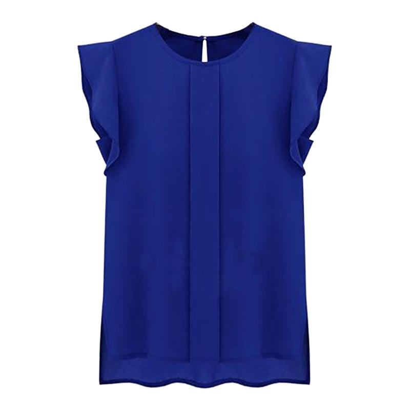 Round Neck Shirt Ladies Loose T-shirt Solid Color Flying Sleeves Stitching Chiffon Shirt Top