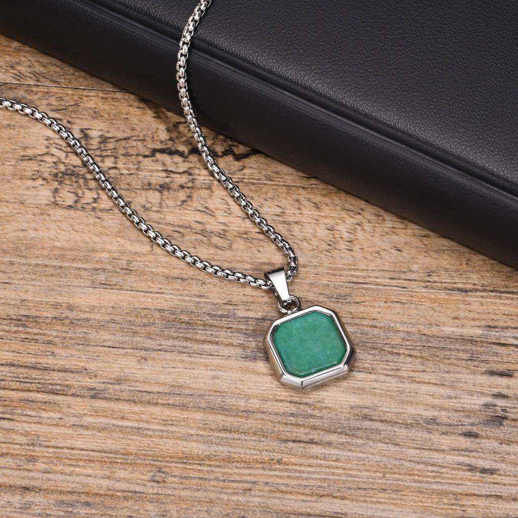 Stainless Steel Rectangle Natural Stone Pendant Necklaces, Minimalist Dainty Chain Necklace, Luxury Fashion Jewelry For Men Gift