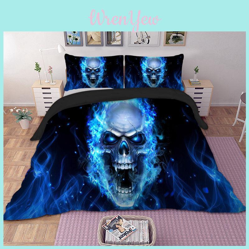 Luxurious 3d Blue Fire Skull Duvet Cover Pillow Cases Quilt Cover Bedding Set Stylish Design