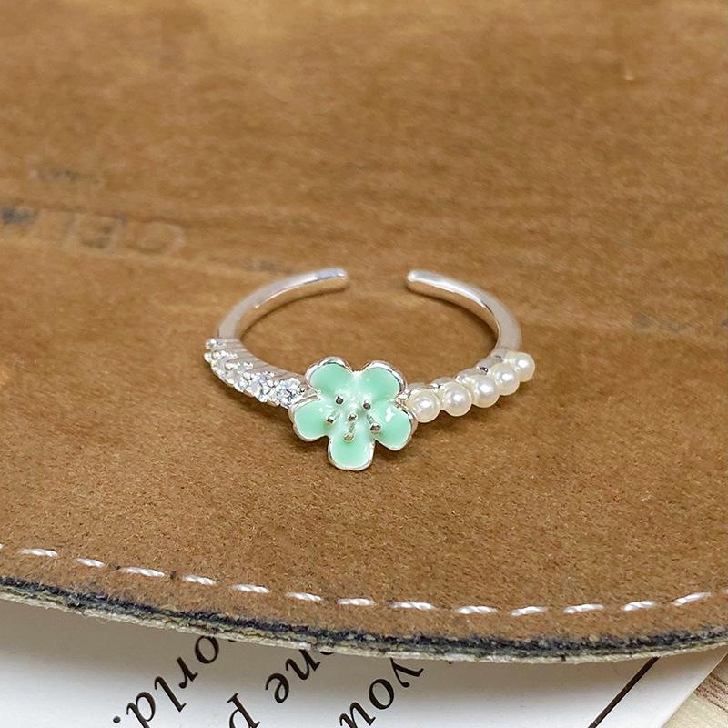 Enamel Mambo Mint Green Drop Glaze Butterfly Opening Ring Female Sweet White Flower Niche Premium Ring