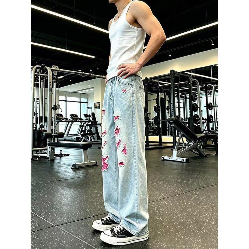 Blue washed ripped jeans men's ruffian handsome contrasting color slightly machete pants cleanfit straight pants