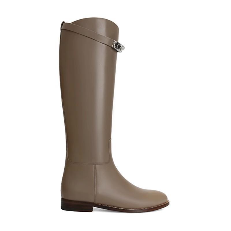 Cowhide Version~ Long Boots Retro and Thin Leather Thick-soled Knight Boots Women's Small Gold Buckle Thick Heel Long Boots High Boots