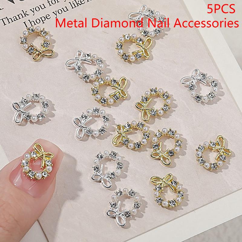 5 Stücke Girlande Bowknot Perle Zirkon Nail art Charms Strass Weihnachtskranz Design Kristalle Schmuck Nail art Dekoration