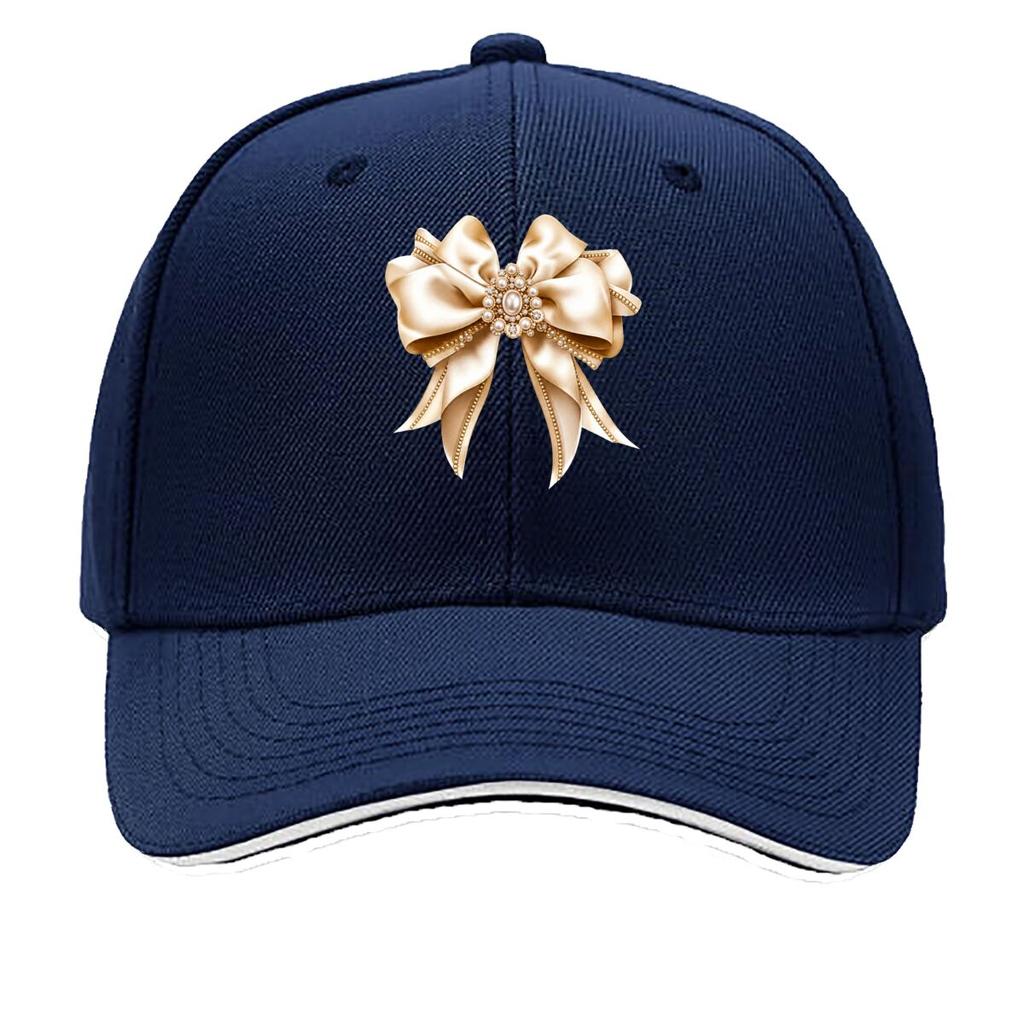 Champagne Satin Bow Pearl Rhinestone Coquette Ribbon Graphic Sandwich Baseball Cap Sun Cap Outdoor Workouts Hat