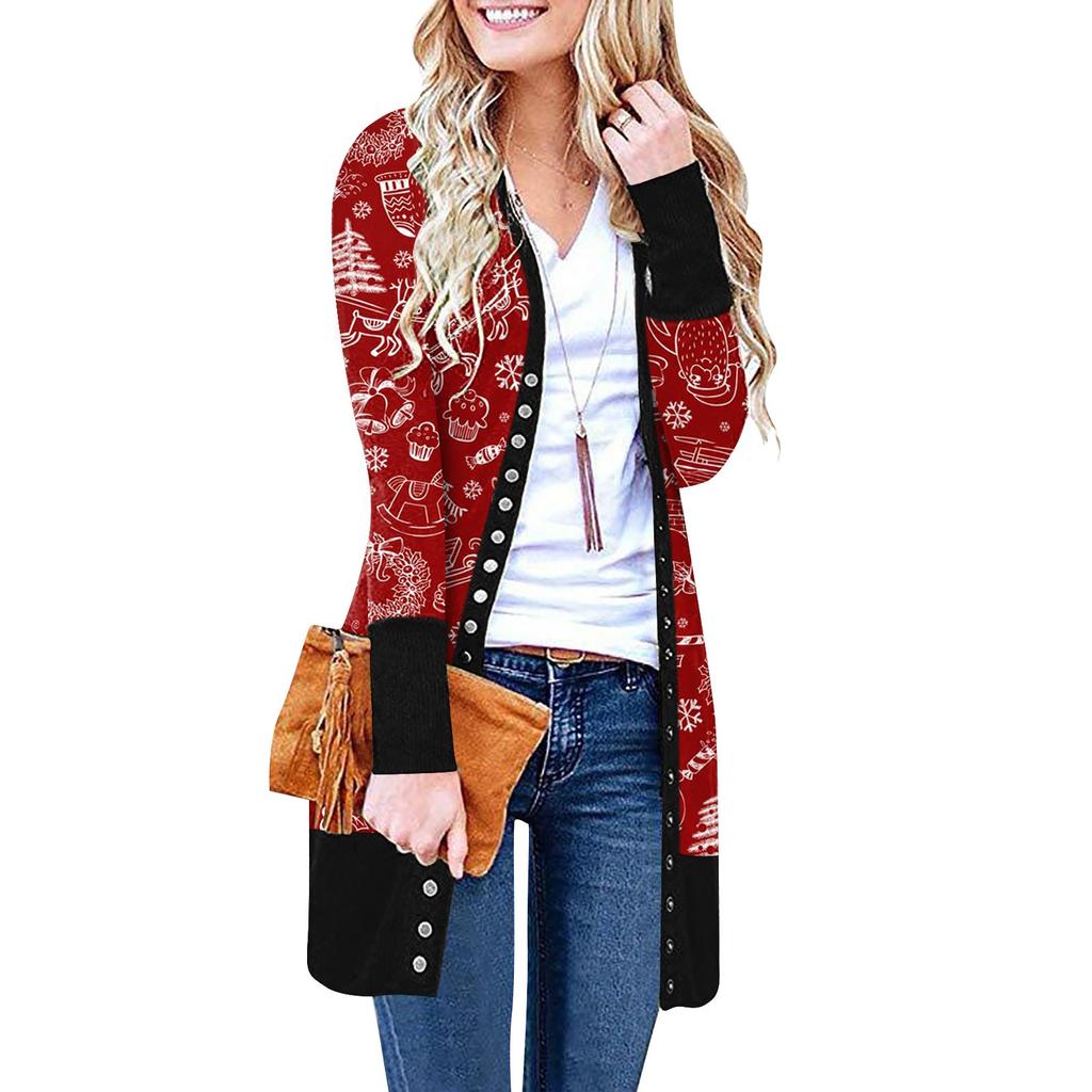 Dames Casual Lange Mouw Voorvest Gradueel Kerst Bedrukte Top Lichtgewicht Jas
