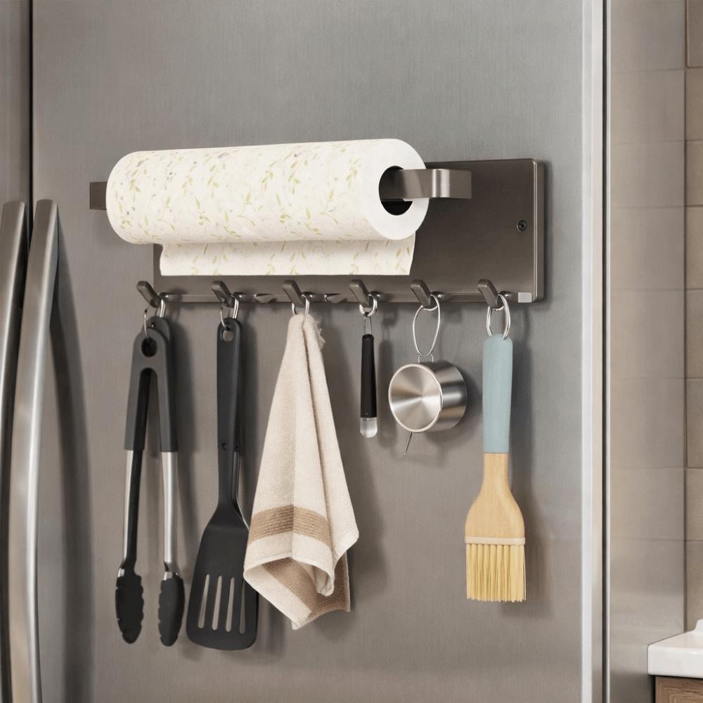 Carbon Steel Magnetic Paper Towel Holder Nail Free Wall Mounted Refrigerator Magnetic Shelf with Hook Space Saving