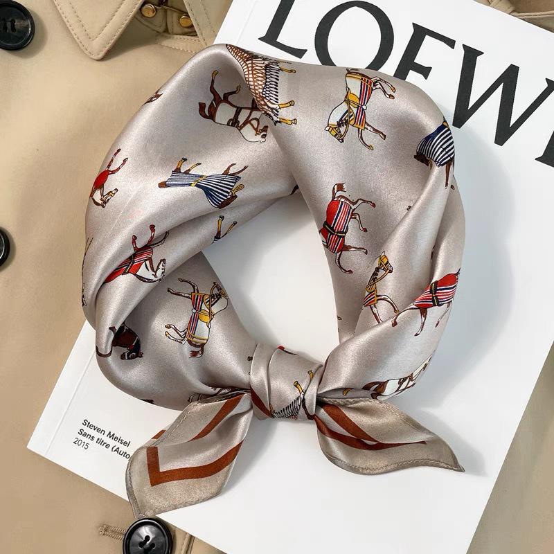 Dámský béžový hedvábný šátek - 53 cm Korejský styl Tištěný čtverec, 100% morušové hedvábí na jaro/léto