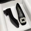 Single Shoes Light Mouth Soft Sole Suede Thick Heel Low Heel Rhinestone Square Buckle French Black Professional Shoes