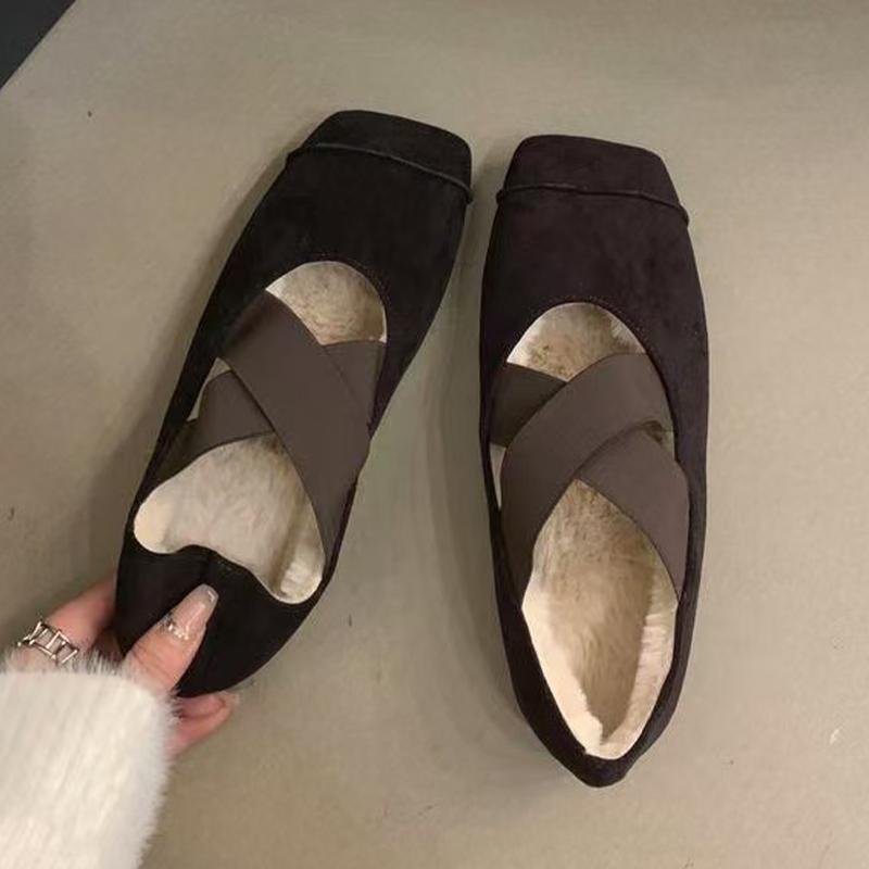 

Замшевые туфли для танцев с квадратным носком, короткие плюшевые туфли на плоской подошве, повседневные хлопковые туфли 2025 года, трендовые мягкие зимние туфли для женщин Zapatillas 40