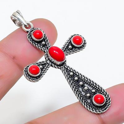 Natural Red Coral Gemstone 925 Sterling Silver Jewelry Pendant 2.17" AP-16010