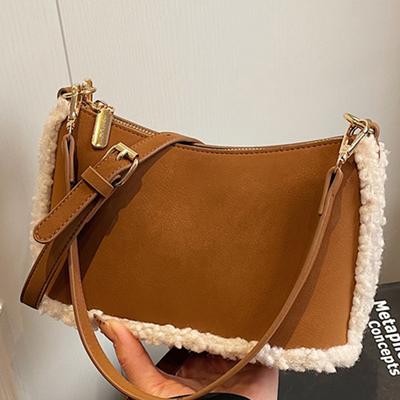 Retro Matte Shoulder Bag Women's Autumn New Lamb Wool Splicing Underarm Bag Commuter Messenger Bag Women's Bag