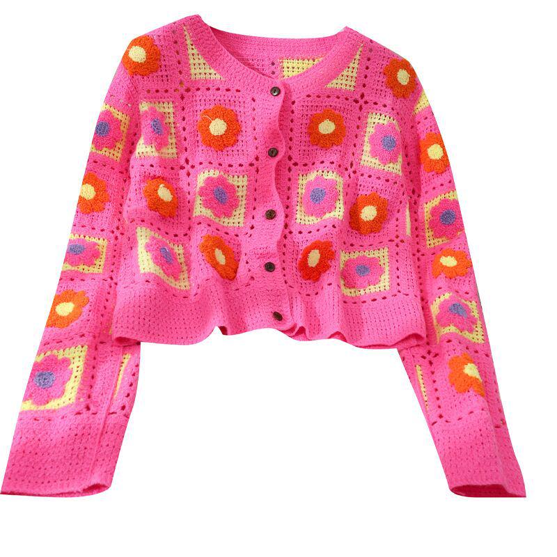 Vår Japansk Söt Ihålig Broderi Blommig Stickad Kofta - Dam Kort Långärmad Tröja Trend