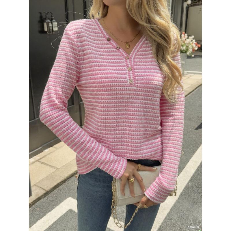 Women S V Neck Long Sleeve Striped T Shirt Casual Street Style