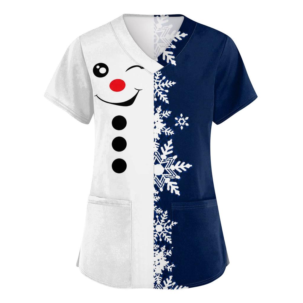 Women's V-Neck Short Sleeve Scrub Top with Christmas Print, Casual Caregiver Uniform