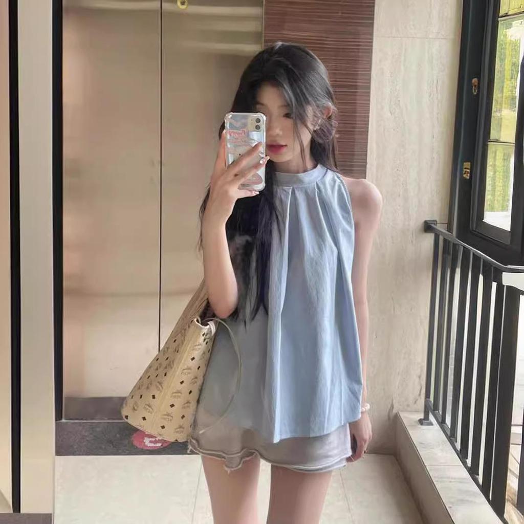 Women's French-Style Sweet & Spicy Sleeveless Blue Halter Tank Top