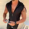 Plus Size Short Sleeved Hooded Zippered Cardigan T-shirt for Men's Summer New Fashionable Plaid Sleeveless T-shirt for Men's Lapel Top