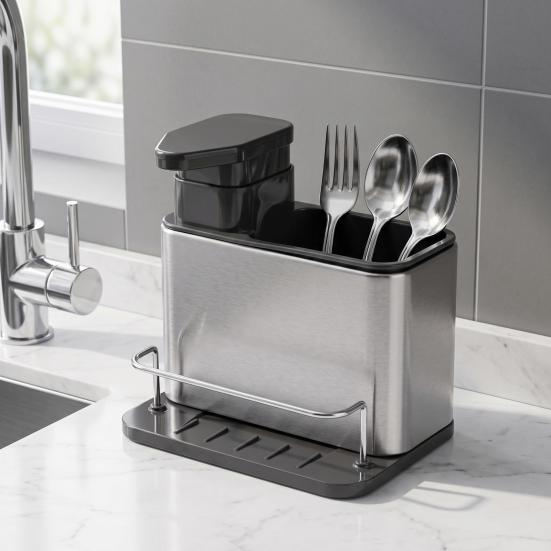 Stainless Steel Cutlery Organizer Multi Compartment Storage Box Dishwasher Safe Silver Kitchen Utensil Holder with Drainage Holes Non-Slip Countertop