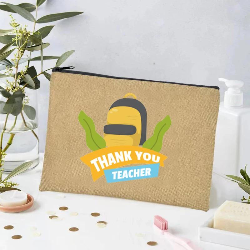 Thank You Teacher Print Linen Toiletry Bag Organizer Perfume Lipstick Cosmetic Bag Office Supplies Pencil Bag Teacher's Day Gift