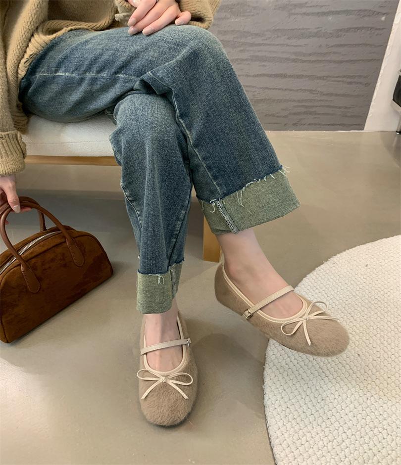 

2025 new Xiaoxiangfeng flats, velvet warm cotton shoes, bow single shoes, women s fluffy shoes, Mary Jane shoes 39 хаки