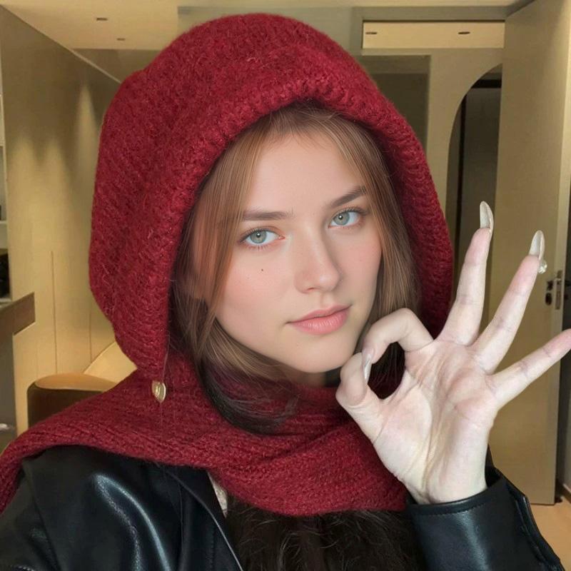 1Pc Solid Color Thicken Hat Cold Protection Integrated Keep Warm Shawl Buckled Knit