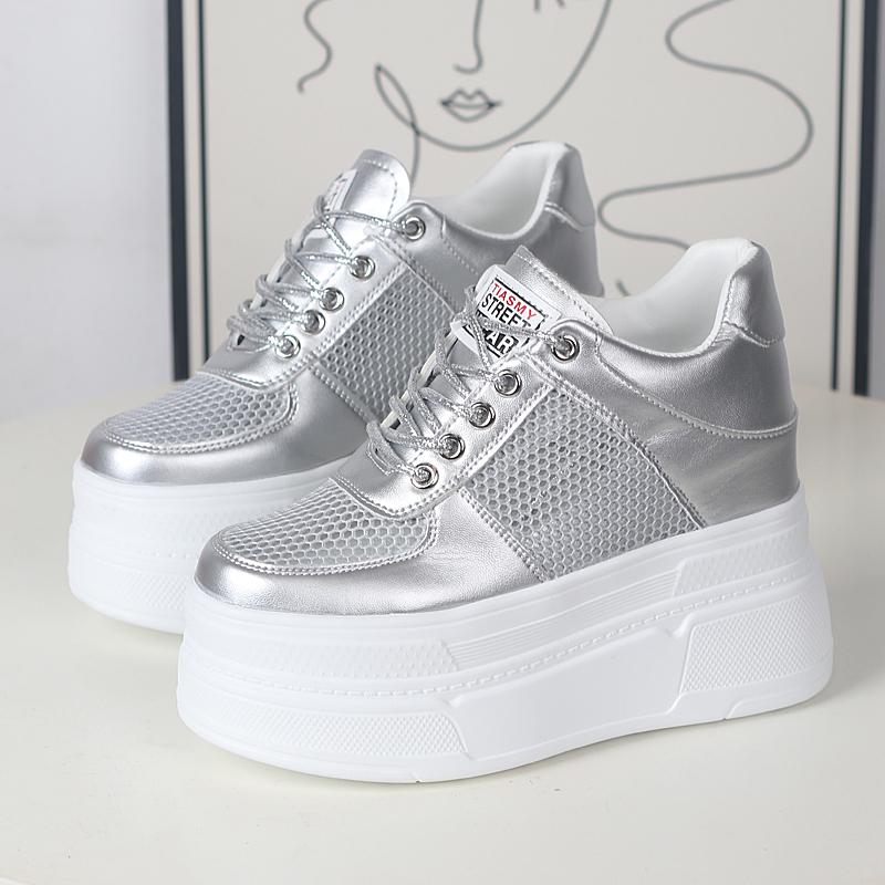 Fashion 12CM Genuine Leather Platform Sneakers Wedge Shoes for Women Breathable Sneakers Casual Shoes Hidden Heel Zapatillas Mujer