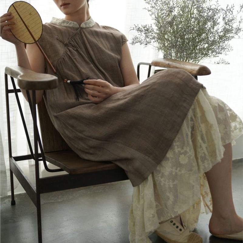 Johnature Women Vintage Jacquard Dresses Stand Sleeveless Button Summer Patchwork Lace Chinese Style Soft A-Line Dress