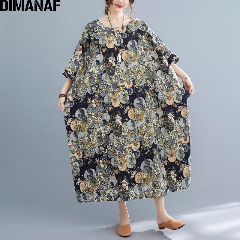 DIMANAF 2021 Plus Size Women Dress Vintage Floral Print Beach Holiday Summer Sundress Dress Loose Long Dress Oversize 5XL 6XL