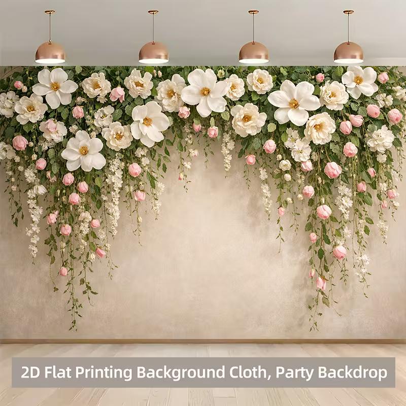 2D Flat Printing Party Backdrop Elegant Cascading Floral Scene