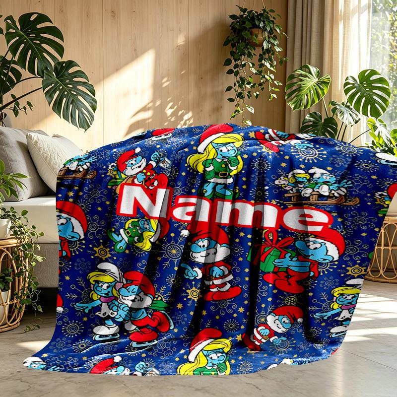 Custom Name Personalized Blue Smurfs Print Blanket, Home Decor, Bedroom, Sofa, Camping, Couch, Gifts for Birthday Christmas