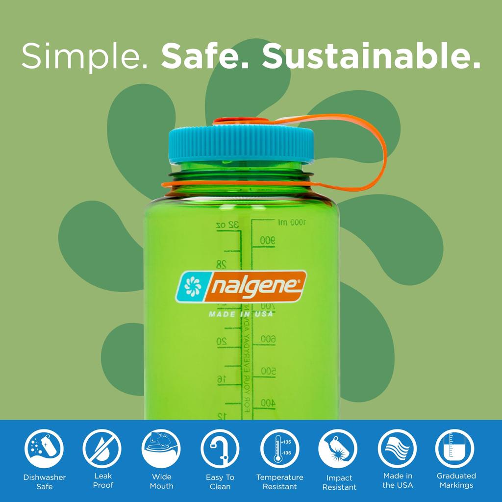 Nalgene Wide Mouth 1.0L Tritan Renew Water Bottle, Heat and Cold Resistant, Room Temperature, Perfect for Hiking, Outdoor Activities, Trails,