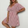 Mode Kurzarm Gestreift V-Ausschnitt Große Größe Kleid Elegante Damen Hohe Taille Lose Lässig A-Linie Party Kurzes Böhmisches Kleid Weibliche Damenbekleidung