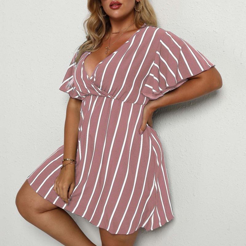 Mode Kurzarm Gestreift V-Ausschnitt Große Größe Kleid Elegante Damen Hohe Taille Lose Lässig A-Linie Party Kurzes Böhmisches Kleid Weibliche Damenbekleidung