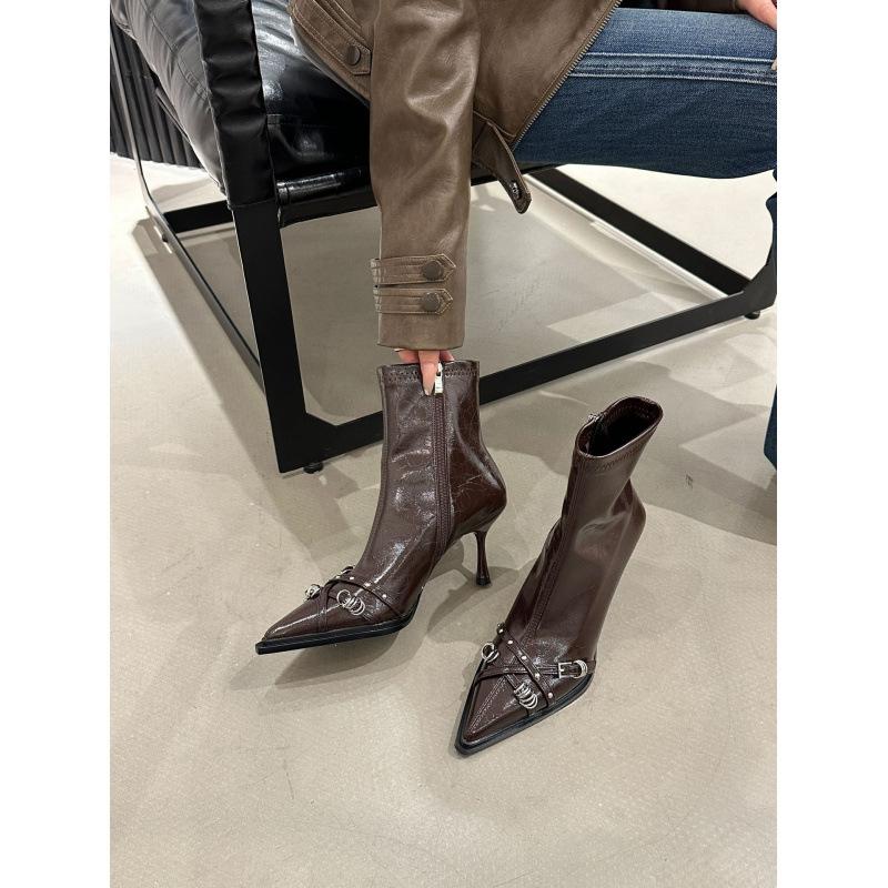 2025 autumn and winter new black pointed thin heel short boots women's French temperament high heel thin boots single boots
