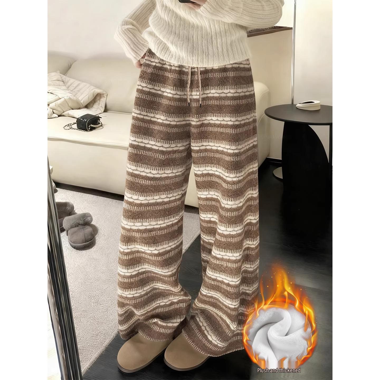 

Women s Gray Fair Isle Knit Wide-Leg Pants - Autumn/Winter, Plus Velvet, Woolen, Casual Striped XL