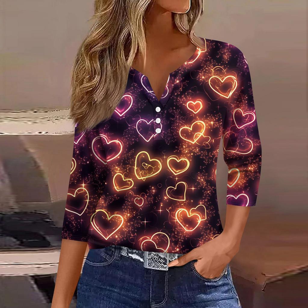 Women's Fashion Button-Up V-Neck Three-Quarter Sleeve Valentine's Day Print Top