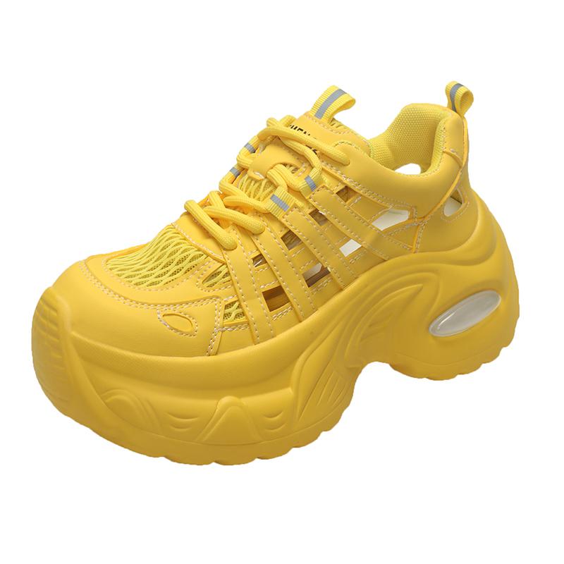 Fashion 7.5CM Breathable Hollow Leather Women Sandals Vulcanized Mesh Chunky Shoes Platform Shoes High Heels Casual Summer Sneakers