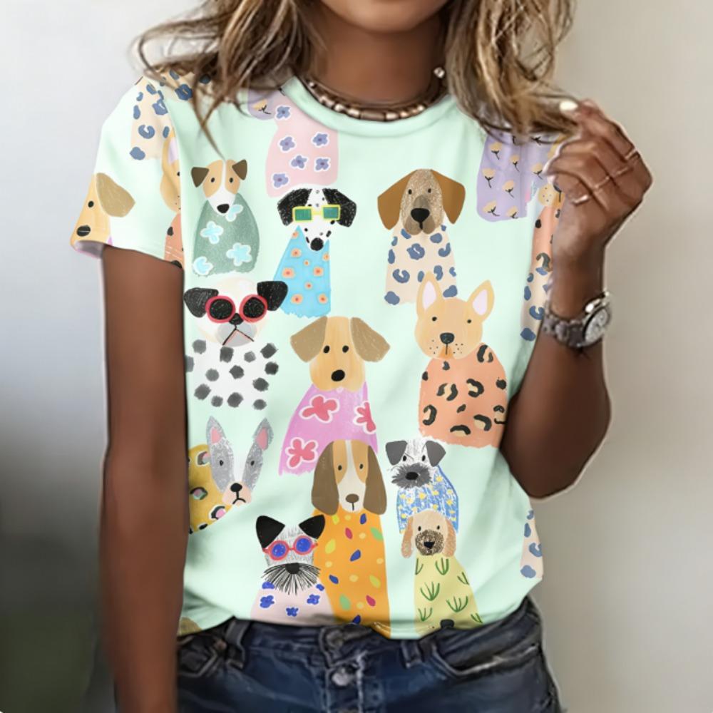 Lady Cute T-shirts Crew Neck Short Sleeve Cartoon Dog Print T Shirt Women's Outfits Casual Daily Wear