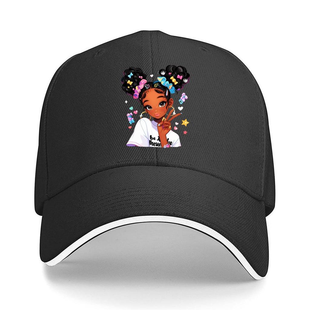 Cute Black Girl Peace Sign Cartoon Portrait Sandwich Baseball Cap Unisex Women Sun Cap Outdoor Workouts Hat