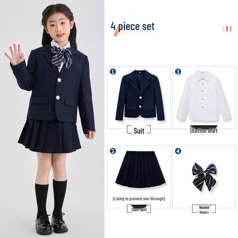 Spring/Summer Kids' British College Style Navy Blue Kindergarten Uniform Set for Performances