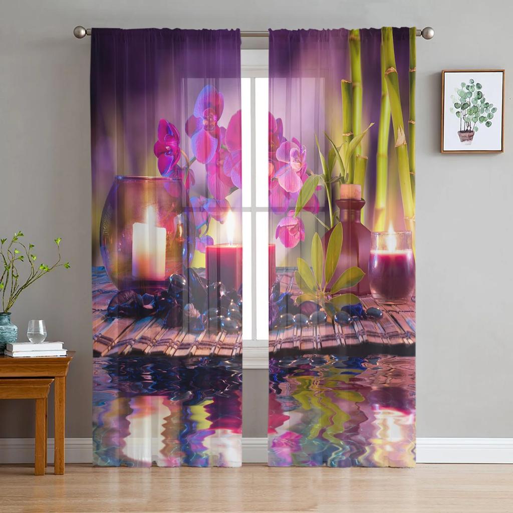 Orchid Black Stone Blush Pink Floral Pure White Soft Tulle Transparent Drapes Perfect for Living Room Decoration Window Panel Curtain for Bedroom