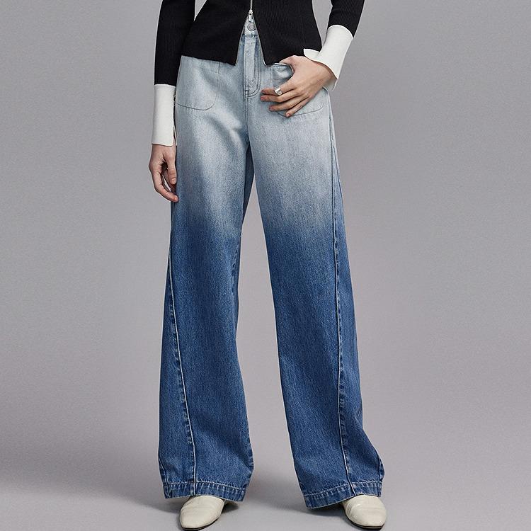 ELLE Vintage Color Block Wide Leg High Waist Jeans Women Jeans Denim-Blue EQ47290