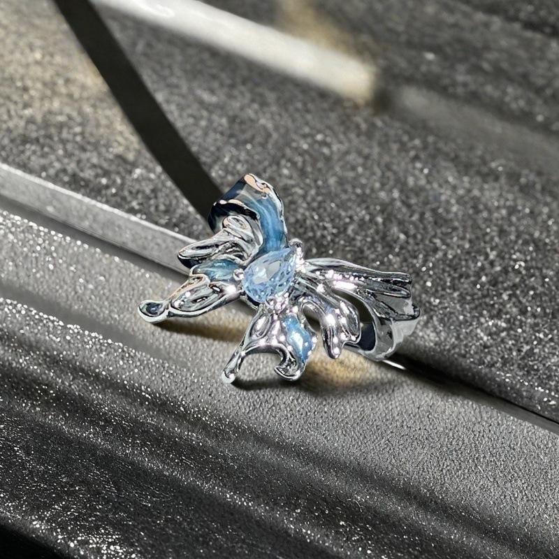 Blue Oil Drop Butterfly Open Ring Irregular Fold Light Luxury High Sense Niche Personality Ring