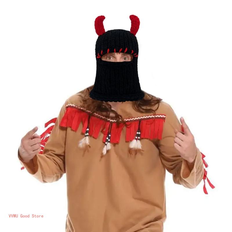 Halloween Facecover Horned Hat for Adult Unisex Theme Party Costume Horn Hat Novelty Skull Hat Winter Warm Windproof Caps