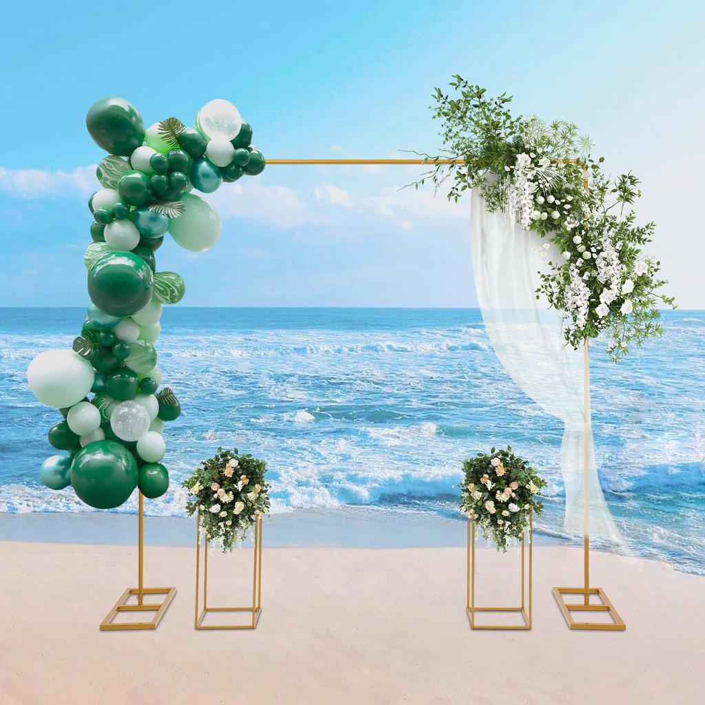 Gold Wedding Arch Stand with 2 Square Flower Stands, 2x2m Metal Wedding Backdrop Frame, 24x24x60in Floral Display Stand Decor