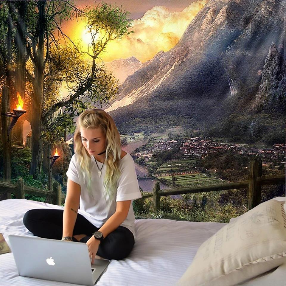 Village Under The Mountain Tapestry Wall Hanging Home Dorm Backdrop Decor Art Tapestry Urban Wall Cloth