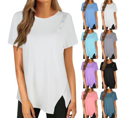 Button Detail Curvy Hem T-shirt, Short Sleeve Round Neck Casual Top, Women's Clothing
