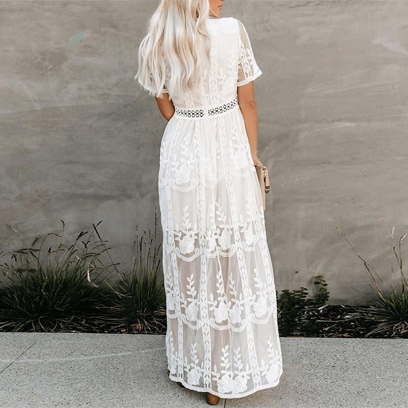 Women's Elegant V-neck Short-sleeved Lace Bride Long Dress Long Dress Wedding Bridesmaid Party Dress