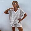 European and American Women's Stripe Knit Two-Piece: Loose Sweatshirt & High-Waisted Shorts Set