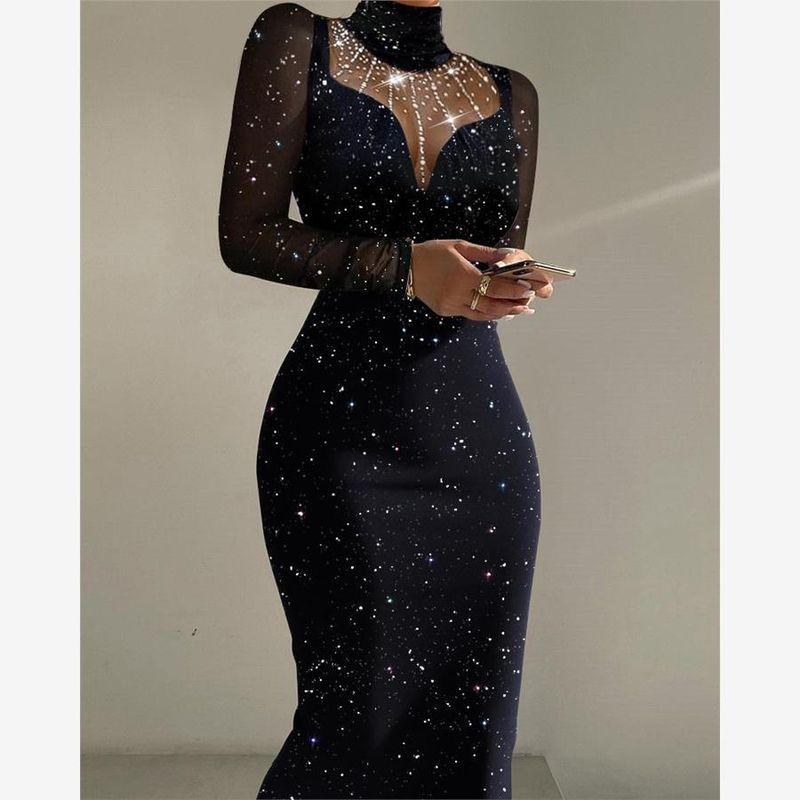 

Платье из сетки пэчворк с горячей приклейкой страз, контрастное сетчатое облегающее платье Black 4 M