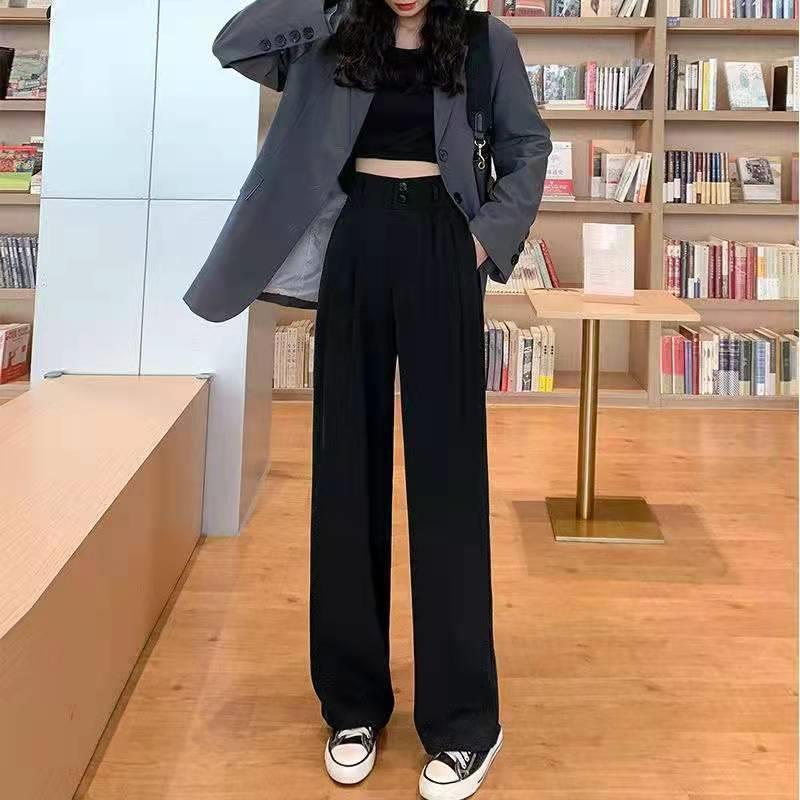 Gray High-Waisted Wide-Leg Pants for Women - Spring Plus Size, Drapey Straight Casual Suit